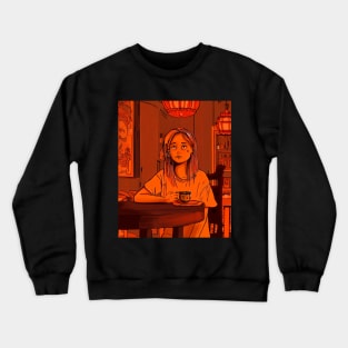 Melancholic girl drinking tea in traditional Chinese home Crewneck Sweatshirt